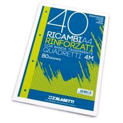 BLASETTI RICAMBI RINFORZATI A4 80 GR QUADRETTI 4M BIANCO 40 FOGLI CONF 1 Pz.