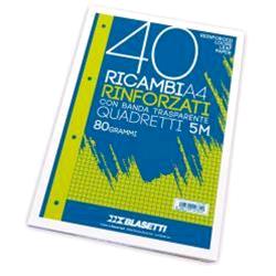 BLASETTI RICAMBI RINFORZATI A4 80 GR QUADRETTI 5M BIANCO 40 FOGLI CONF 1 Pz.