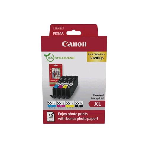 Canon CLI-551XL BK/C/M/Y Photo Value Pack – confezione di 4 cartucce e 50 fogli fotografici