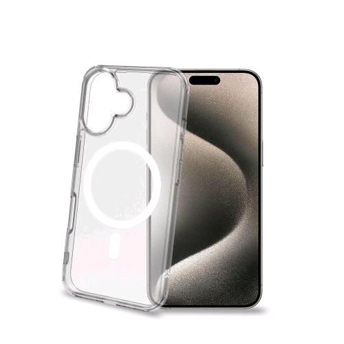 CELLY APPLE iPHONE 16 COVER IN MORBIDO TPU TRASPARENTE COMPATIBILE MagSafe MODULO MAGNETICO CIRCOLARE INTEGRATO BIANCO