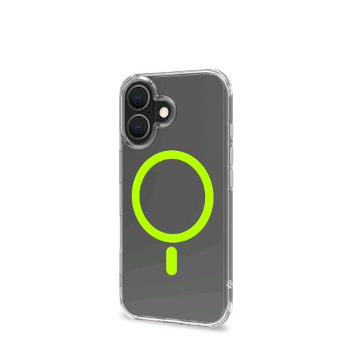 CELLY APPLE iPHONE 16 COVER IN MORBIDO TPU TRASPARENTE COMPATIBILE MagSave MODULO MAGNETICO CIRCOLARE GIALLO FLUO