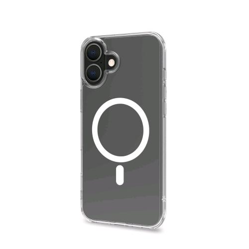 CELLY APPLE iPHONE 16 PLUS COVER IN MORBIDO TPU TRASPARENTE COMPATIBILE MagSave MODULO MAGNETICO CIRCOLARE BIANCO