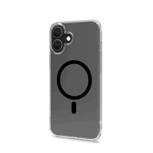 CELLY APPLE iPHONE 16 PLUS COVER IN MORBIDO TPU TRASPARENTE COMPATIBILE MagSave MODULO MAGNETICO CIRCOLARE NERO