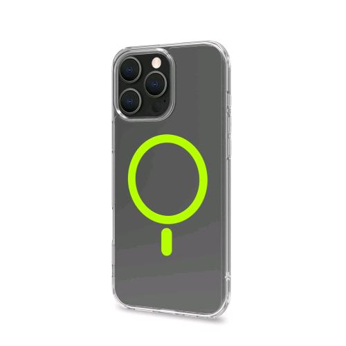 CELLY APPLE iPHONE 16 PRO MAX COVER IN MORBIDO TPU TRASPARENTE COMPATIBILE MagSave MODULO MAGNETICO CIRCOLARE GIALLO FLUO