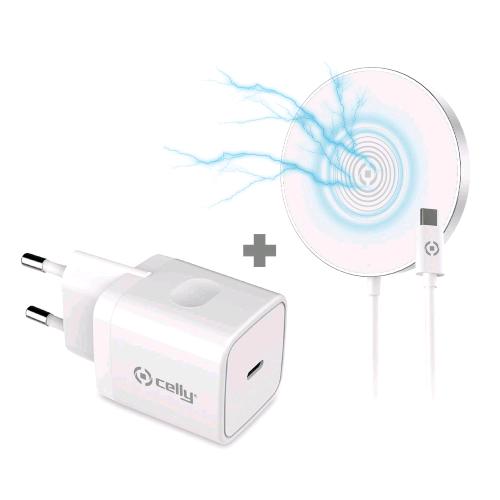 CELLY CARICABATTERIE DA RETE 1 X USB TIPO C 20 W + CARICABATTERIE MAGNERICO WIRELESS BIANCO
