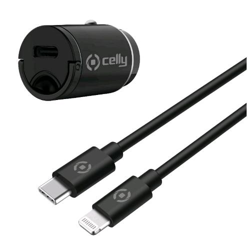 CELLY CCMINILIGHT KIT CARICABATTERIA DA AUTO USB-C CON CAVO DA USB-C A LIGHTNING 20W NERO