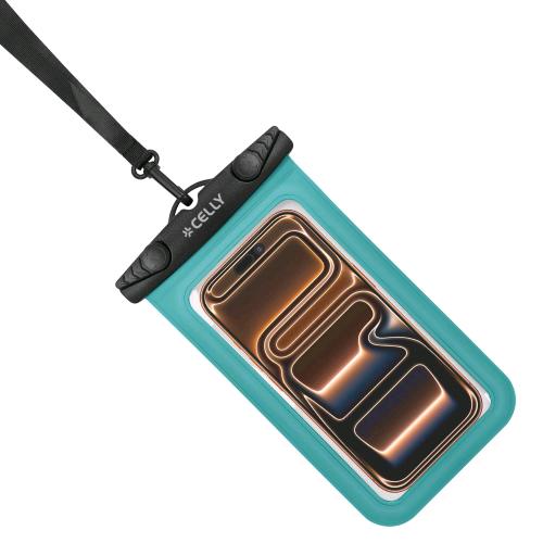 CELLY SPLASHBAG CUSTODIA IMPERMEABILE PER SMARTPHONE FINO A 7" TRASPARENTE CHIUSURA ERMETICA IPX8 LACCIO A COLLO INCLUSO NERO VERDE ACQUA