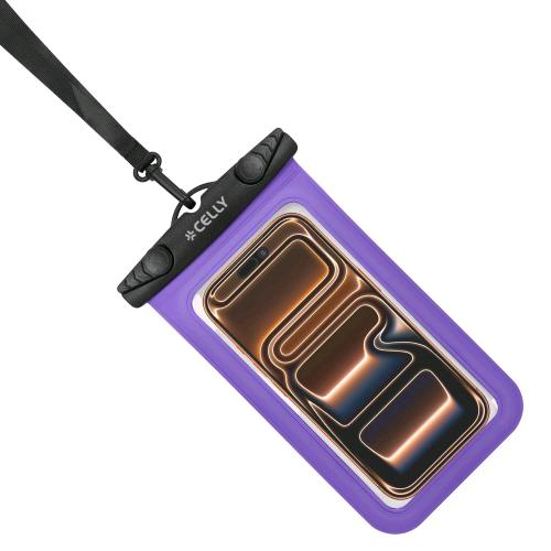 CELLY SPLASHBAG CUSTODIA IMPERMEABILE PER SMARTPHONE FINO A 7" TRASPARENTE CHIUSURA ERMETICA IPX8 LACCIO A COLLO INCLUSO NERO VIOLA
