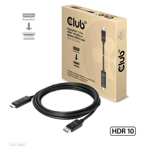 Club 3D CAC-1087 - cavo attivo DisplayPort 1.4 a HDMI, 4K 120 Hz / 8K 60 Hz, HDR10, 3 m, nero