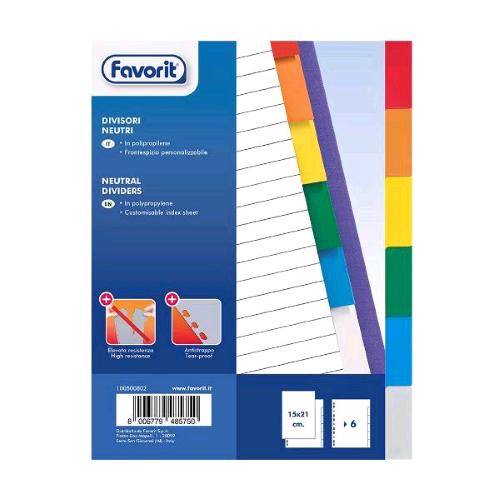 FAVORIT INTERCALARE NEUTRO IN PP 160X210 mm 6 TASTI COLORI ASSORTITI