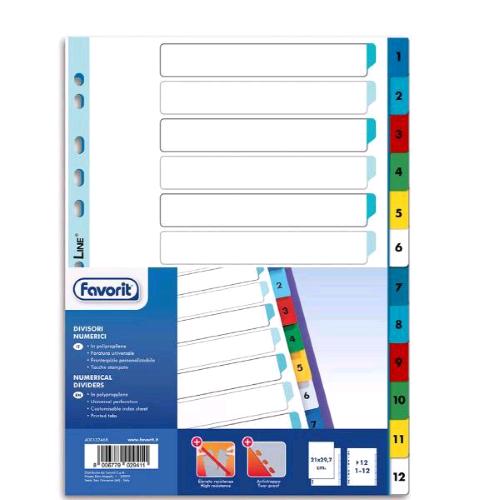 FAVORIT INTERCALARE NUMERICO 1-12 IN PP 225X297 mm 12 TASTI COLORI ASSORTITI
