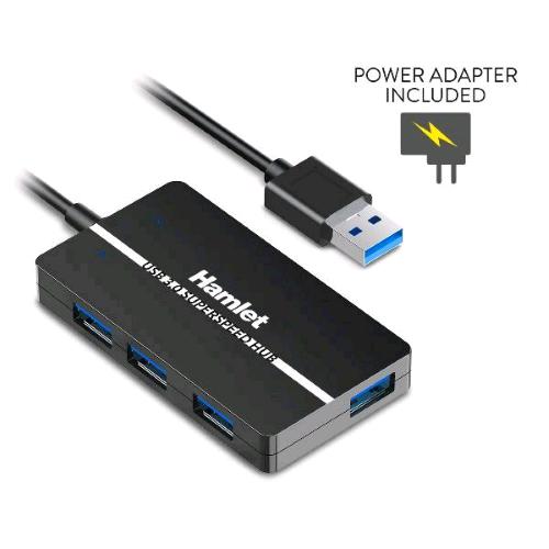 HAMLET COMPACT SLIM HUB 4 PORTE USB-A 3.2 GEN 1 5.0 Gbps CON ALIMENTATORE DA 10 WATT ALIMENTATORE INCLUSO NERO