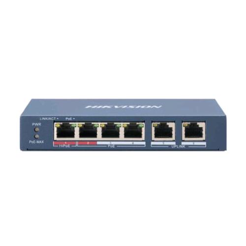 Hikvision DS-3E0106HP-E — switch 4 porte PoE e 2 uplink Fast Ethernet