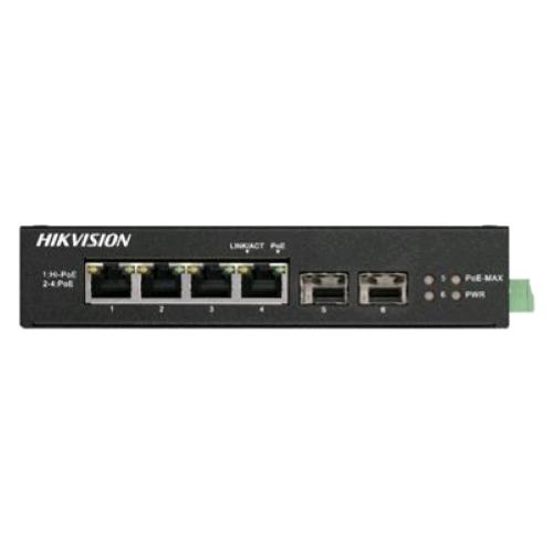 Hikvision DS-3T0506HP-E/HS — switch industriale 4 porte Gigabit PoE e 2 SFP