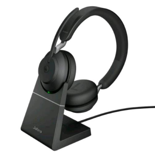 Jabra Evolve2 65 — cuffie wireless stereo, Microsoft Teams, adattatore USB-A, con base di ricarica, nere