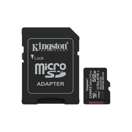 KINGSTON CANVAS SELECT PLUS 512GB microSDXC A1 / Video Class V30 / UHS Class 3 / Class10 UHS-I ADATTATORE A SD INCLUSO