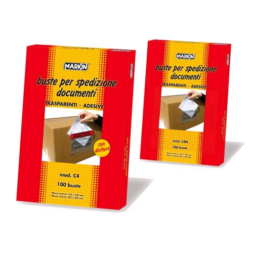 MARKIN C4 BUSTE ADESIVE IN PLASTICA 322X225 mm CON DICITURA TRASPARENTE CONF 100 Pz.