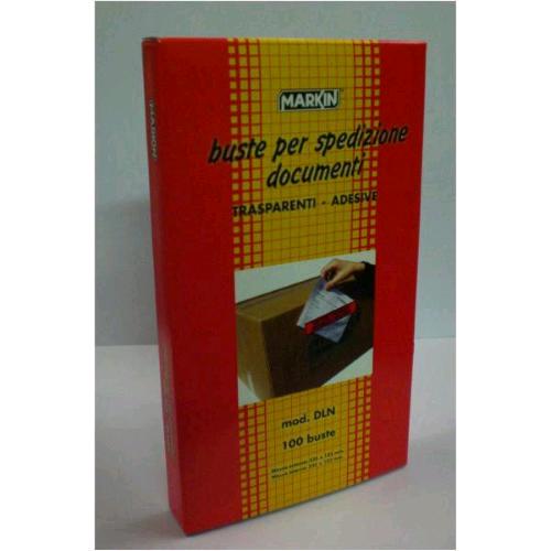 MARKIN DLN BUSTE AUTOADESIVE PORTADOCUMENTI PER SPEDIZIONI CORRIERI IN PLASTICA FORMATO INTERNO 22.5X12.2 CM TRASPARENTE CONF 100 Pz.