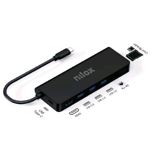 NILOX DOCK HUB USB-C 8 IN 1 3 PORTE USB 3.0 5Gbps S 1 x LETTORE SD 1 LETTORE MICRO-SD ETHERNET 1IN GRESSO PD FINO A 100W 1 x HDMI 4K