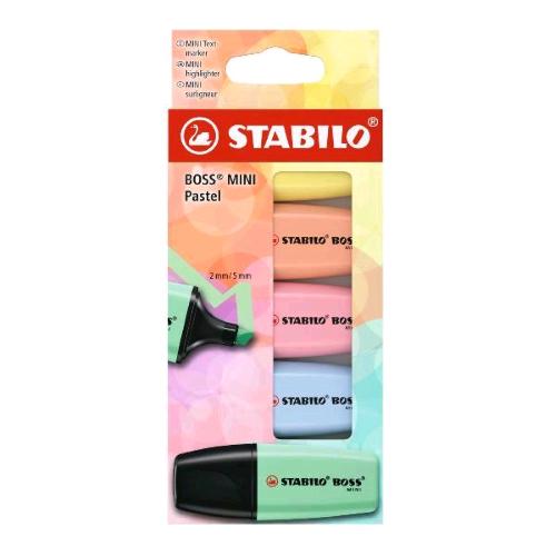 STABILO BOSS MINI PASTEL EVIDENZIATORE PUNTA A SCALPELLO 2/5 mm COLORI ASSORTITI CONF 5 Pz.