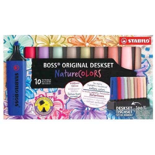 STABILO BOSS NATURE COLORS DESKSET EVIDENZIATORI PUNTA A SCALPELLO 2/5 mm COLORI ASSORTITI CONF 10 Pz.