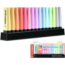 STABILO BOSS PASTEL DESKSET EVIDENZIATORE PUNTA A SCALPELLO 2/5 mm COLORI ASSORTITI CONF 15 Pz.