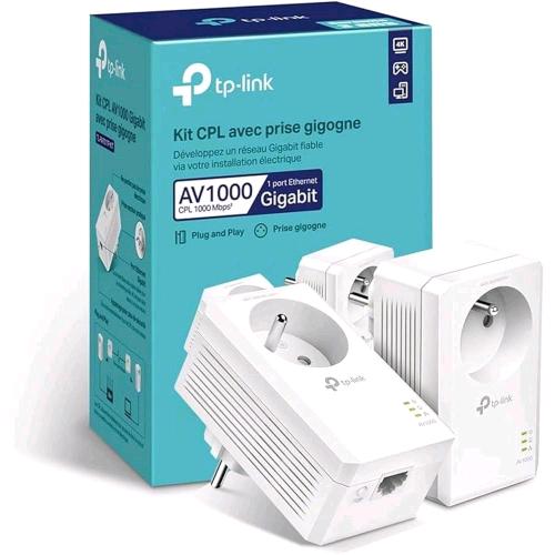 TP-Link TL-PA7017P KIT — kit di 2 adattatori Powerline AV1000 Gigabit, versione FR con presa passante tipo E