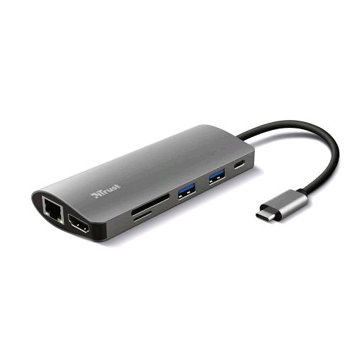 TRUST DALYX SCHEDA DI INTERFACCIA E ADATTATORE MULTIPORTA INTERNO 7-IN-1 HDMI RJ-45 USB 3.2 USB-C LETTORE DI SCHEDE MICRO SD SD CARD HDR E HDMI 1.4 GRIGIO