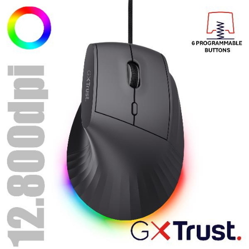 TRUST GXT145 REXXA MOUSE GAMING ERGONOMICO RGB USB 6 TASTI PROGRAMMABILI 12.800 DPI CAVO 1.7 MT NERO