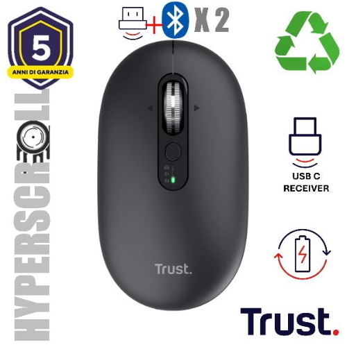 TRUST SERON MOUSE WIRELESS HYPERSCROLL RICARICABILE MULTICONNECT 2.4GHz + 2 x BLUETOOTH SILENZIOSO ULTRASOTTILE 3.200 DPI NERO