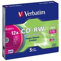 Verbatim 43167 CD-RW 700 MB 12x, confezione da 5 dischi colorati in Slim Case