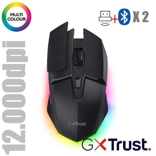 TRUST GXT122 FELOX+ MOUSE OTTICO GAMING RGB WIRELESS RICARICABILE MULTI-DISPOSITIVO 2,4GHz + 2 x BT 12,000DPI NERO