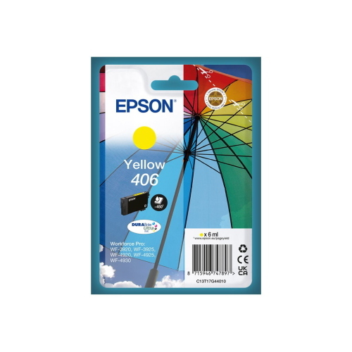 EPSON 406 DURABrite ULTRA CARTUCCIA INK GIALLO SERIE OMBRELLO 6 ML 450 PAGINE PER Workforce Pro: WF-3920, WF-3925, WF-4920, WF-4925, WF-4930